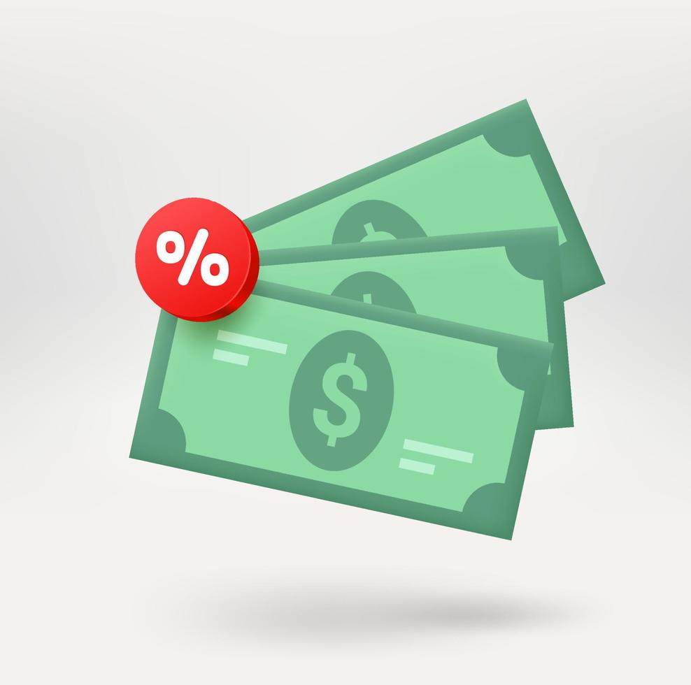 Stack of dollars with a discountt label. 3d vector icon isolated on white background