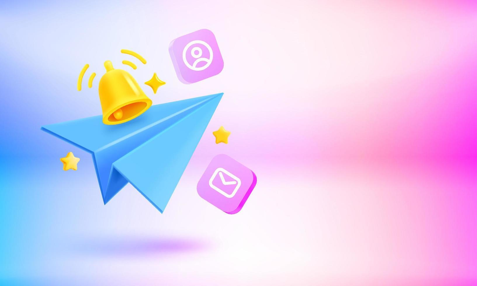 The bell and blue plane. Breaking news concept. 3d vector banner with copy space