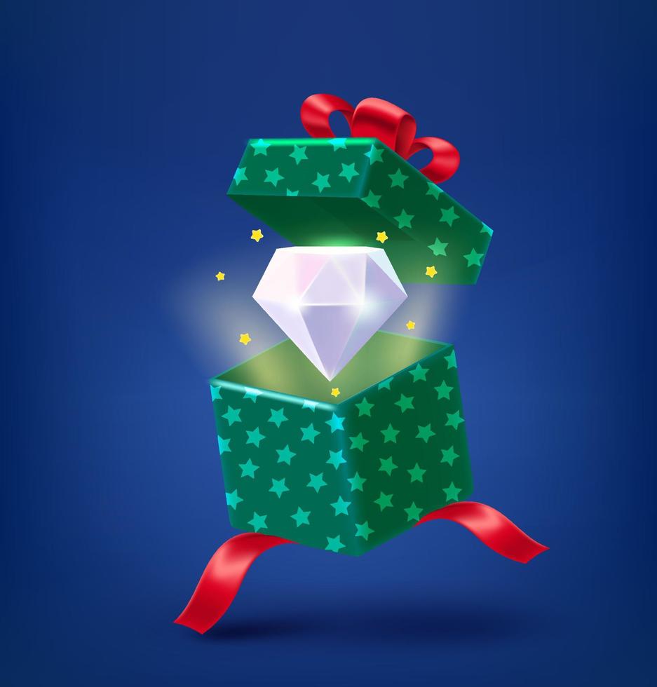 Open gift box with shining gem crystal. 3d vector illustration