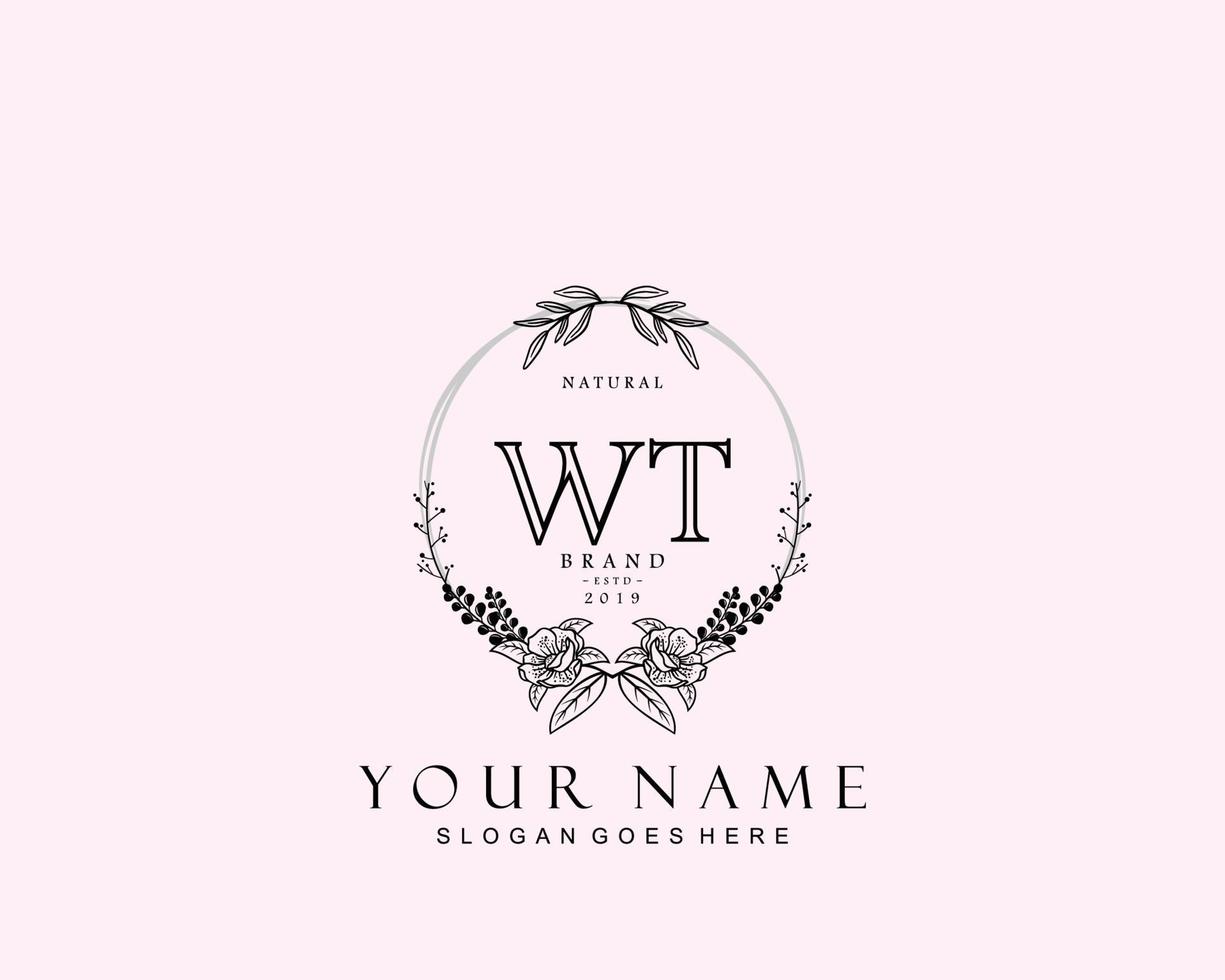 Initial WT beauty monogram and elegant logo design, handwriting logo of initial signature, wedding, fashion, floral and botanical with creative template. vector