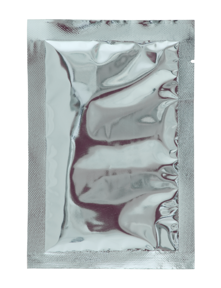 Aluminum foil bag package isolated with clipping path for mockup png