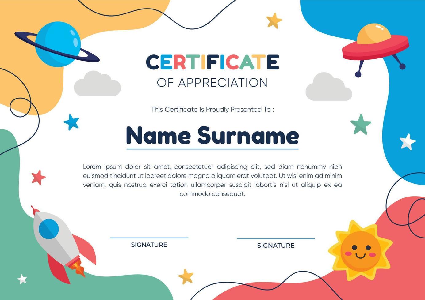 certificado de reconocimiento para el estudiante con un estilo divertido y colorido vector