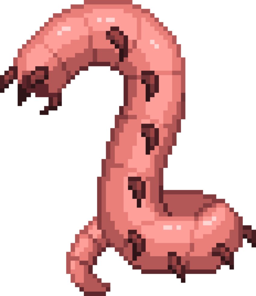 An 8 bit retro styled pixel-art illustration of a giant cartoon worm. png