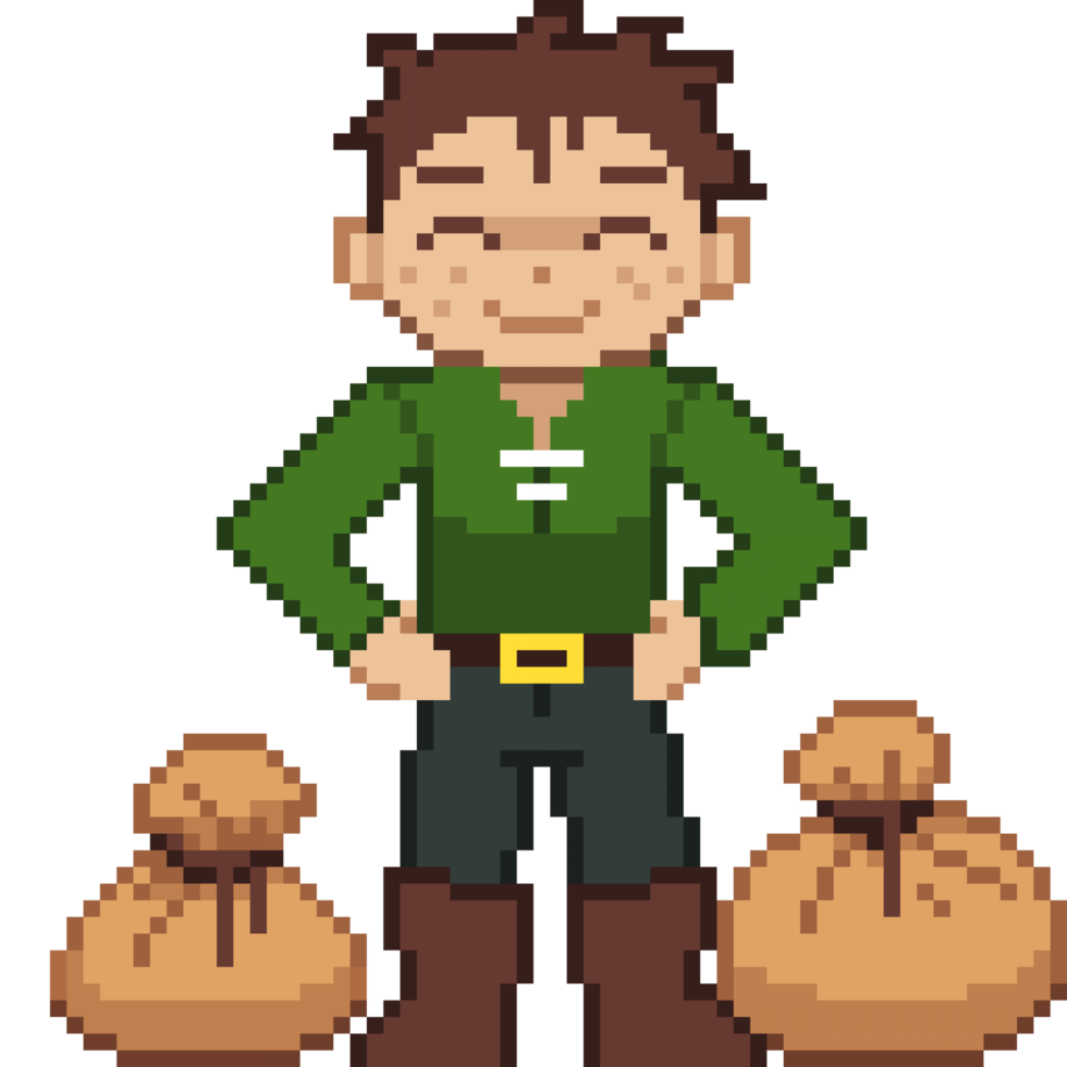 An 8 bit retro styled pixel art illustration of a merchant. png