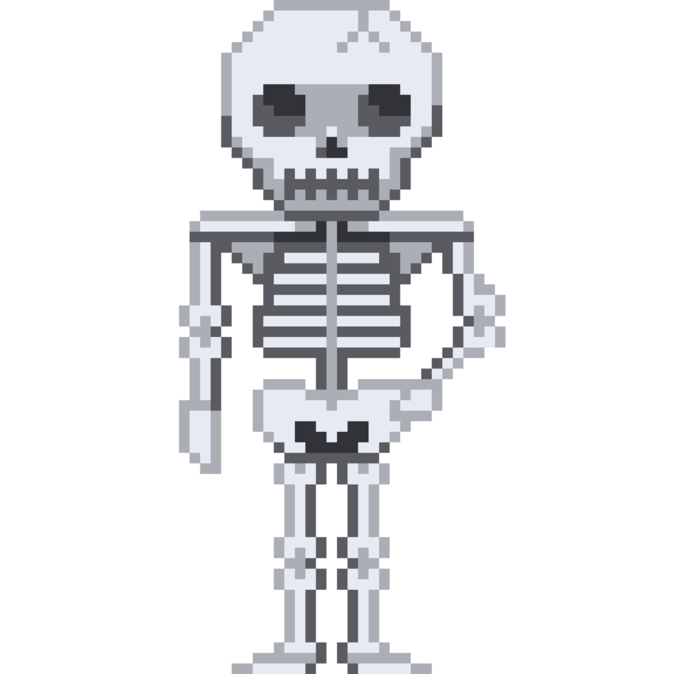 An 8 bit retro styled pixel art illustration of a skeleton. png