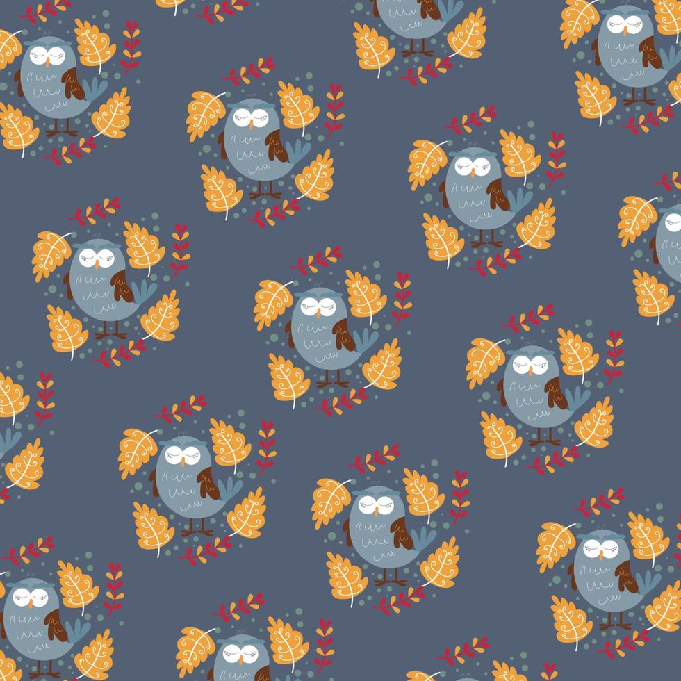 Vector repeat pattern with cute owls on dark gray background. Hand drawn style, pastel colors.