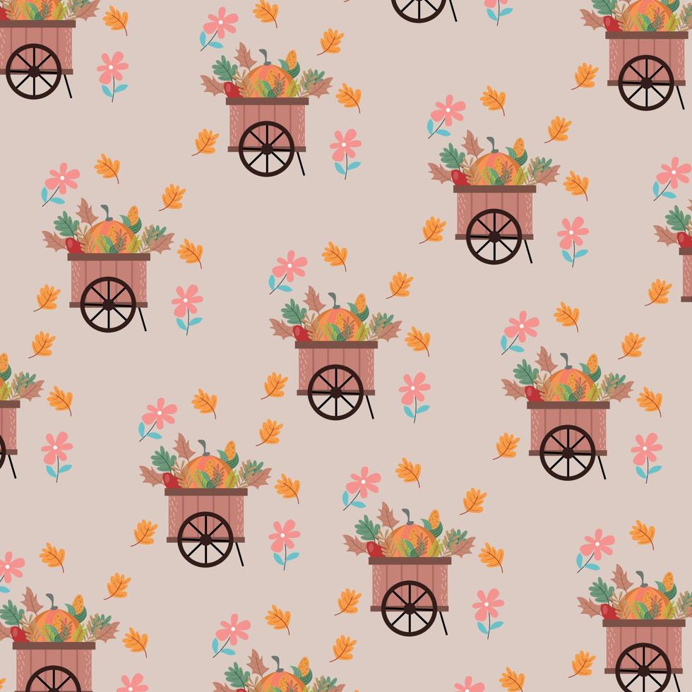 Delicate pattern with pumpkin carts on fallen leaves. Vector background in autumn style. Thanksgiving Holiday texture on beige