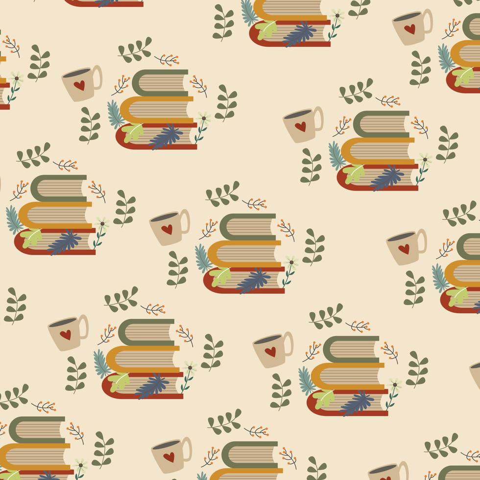 Book stack pattern with cups symbolizing love. Decoration element. Vector illustration.