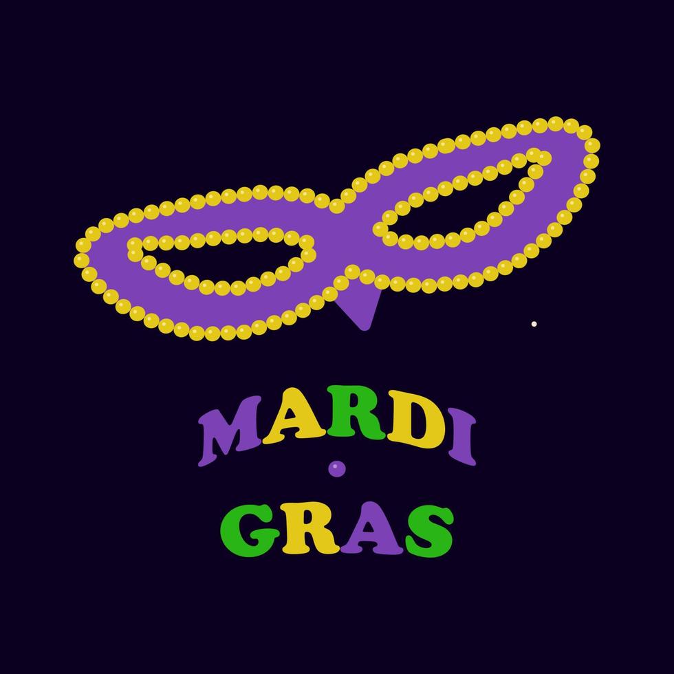 Mardi Gras colored lettering mask with yellow beads on dark. Vector isolated illustration. Flat style.