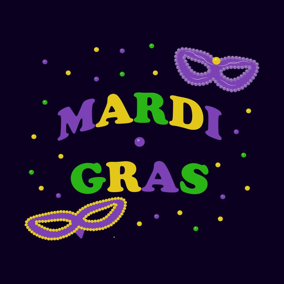 Mardi Gras colored lettering dark background beads. Vector isolated illustration. Suitable for banners, flyers. Flat style.