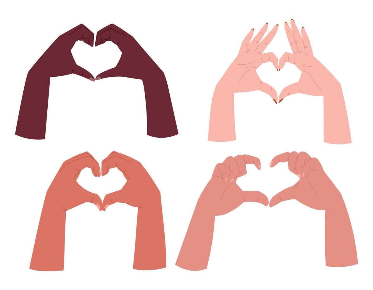 People hands making heart shape with fingers. Set of vector isolated cartoon illustrations.
