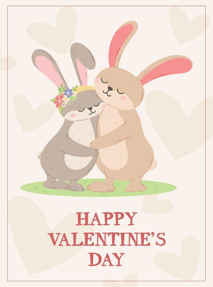 pareja amorosa abrazando lindas liebres o conejos. tarjeta de felicitación de dibujos animados de vector para el día de san valentín.