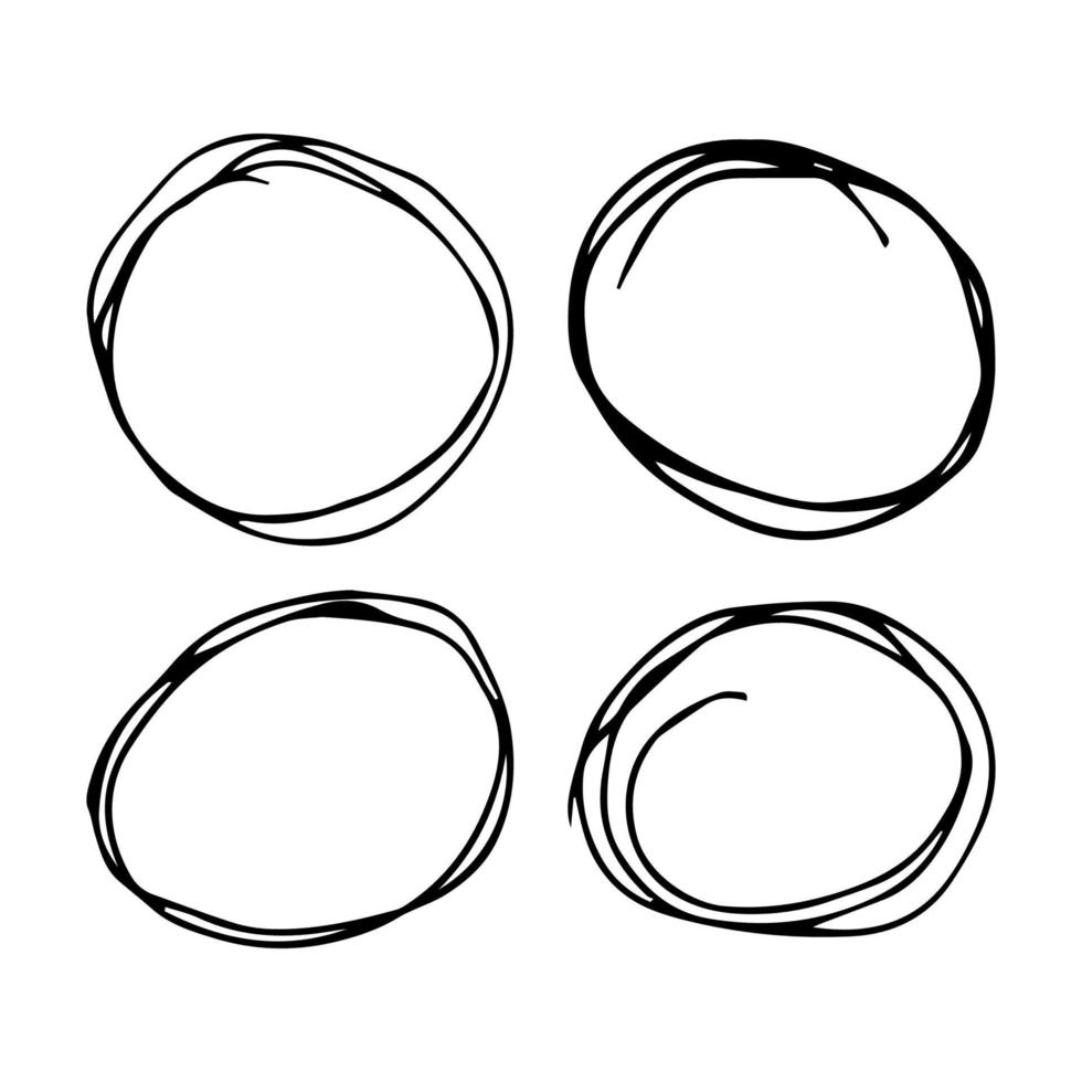 Hand drawn scribble circles. Set of four black doodle round circular design elements on white background. Vector illustration