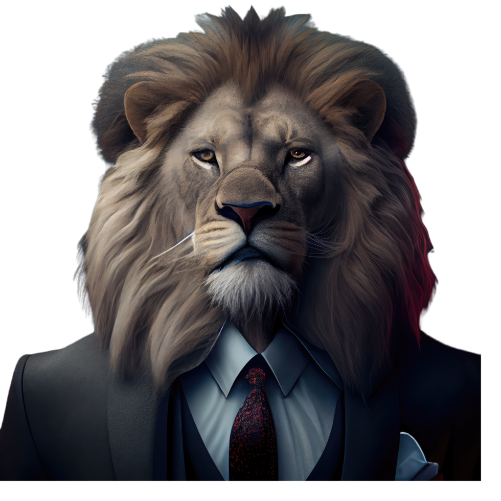 Portrait of a lion dressed in a formal business suit png