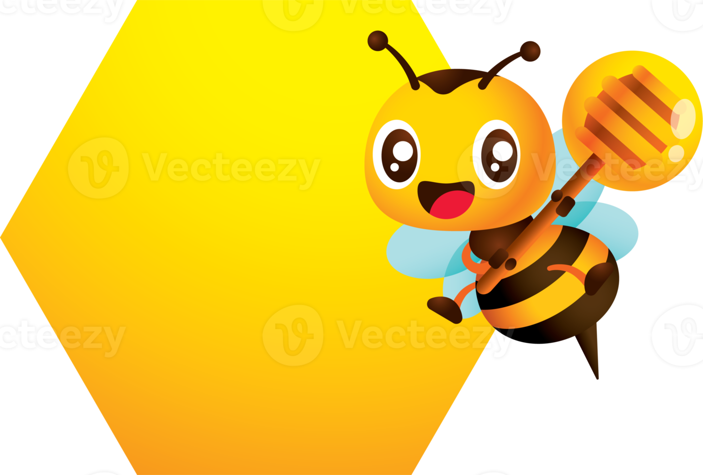 dessin animé mignon abeille souriante tenant une louche à miel volant à côté d'un panneau en forme de nid d'abeille vide png
