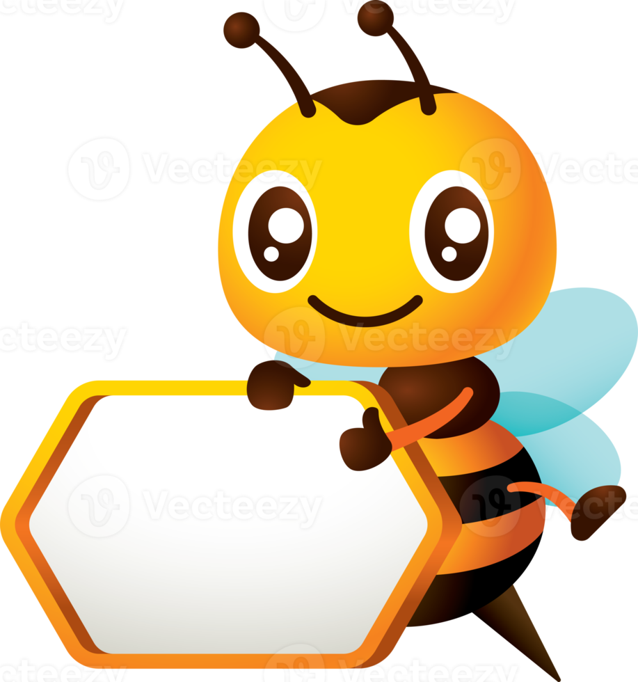 Cartoon cute happy bee thumb up and holding empty honeycomb shape signboard with yellow frame illustration png