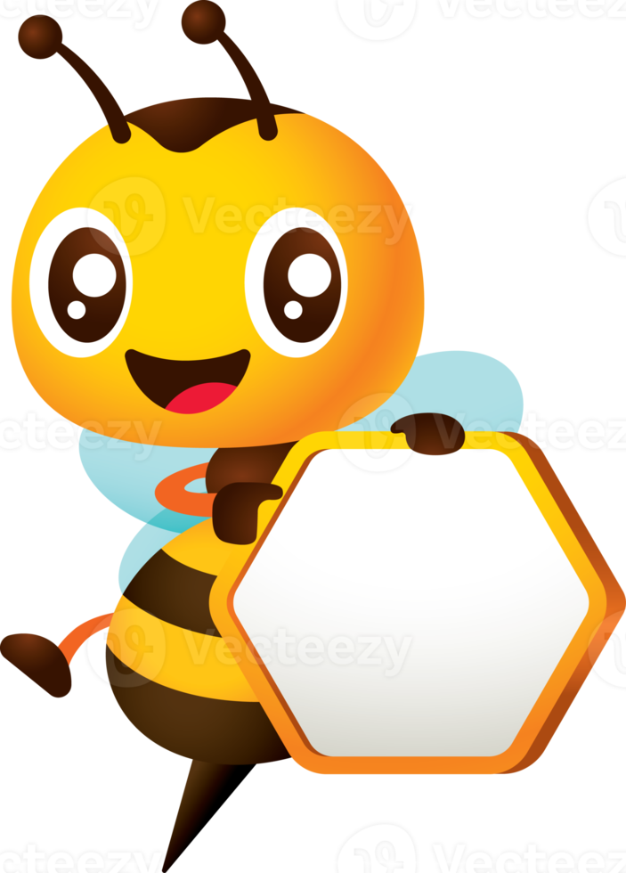 Cartoon cute smiling honey bee pointing finger on empty honeycomb shaped signboard character illustration png