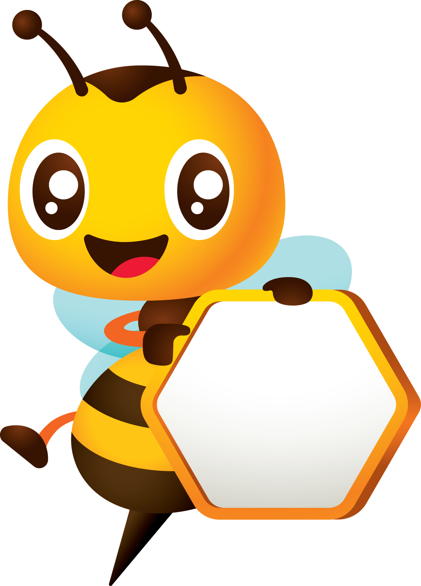 Cartoon cute smiling honey bee pointing finger on empty honeycomb