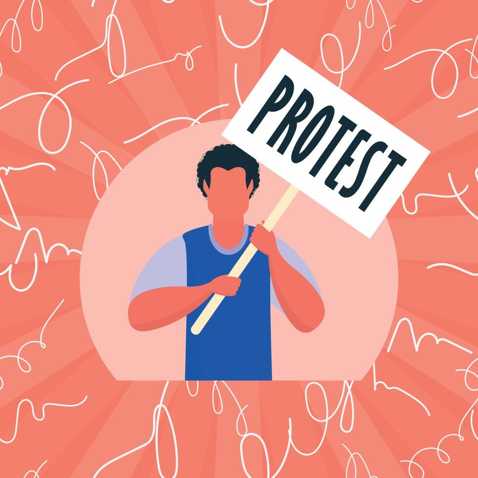 A man with a banner in his hands. Protest concept. Cartoon style vector