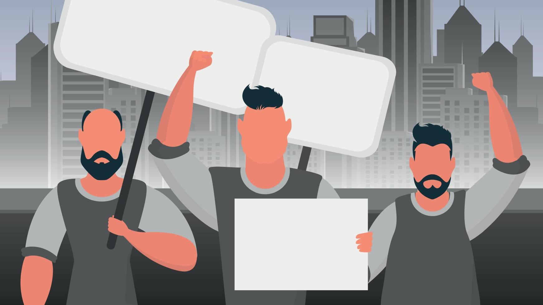 A group of men with a banner in their hands against the backdrop of the city. Protest concept. Vector illustration. Cartoon style.