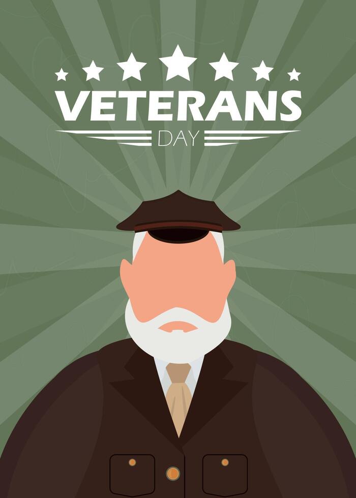 postal del día de los veteranos. un viejo militar en uniforme. ilustración vectorial vector