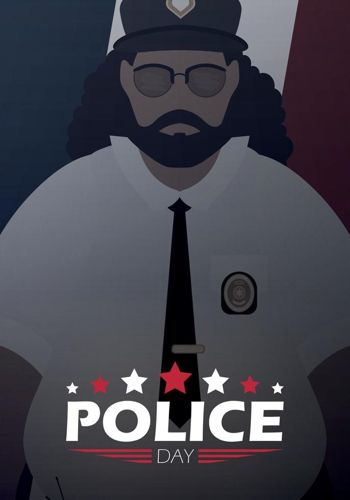 Police day banner. Policeman on the background of the flag. Vector illustration.