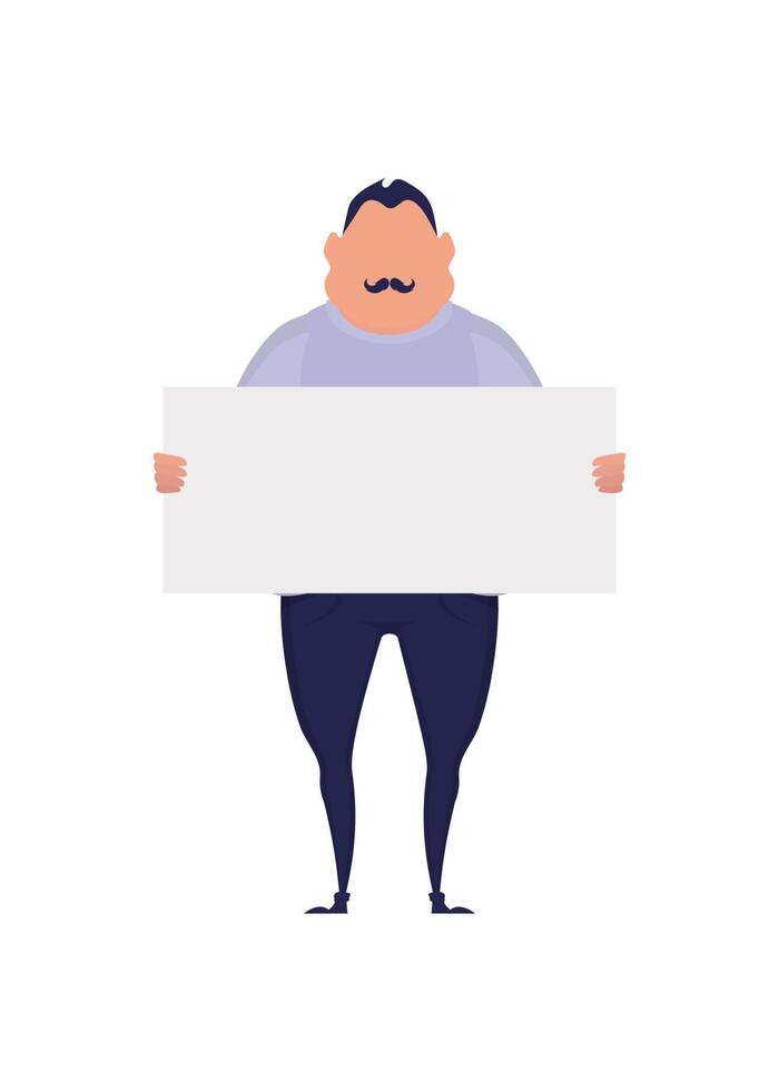 A man with a blank banner in his hands isolated on a white background. Pop art cartoon style. Vector illustration.