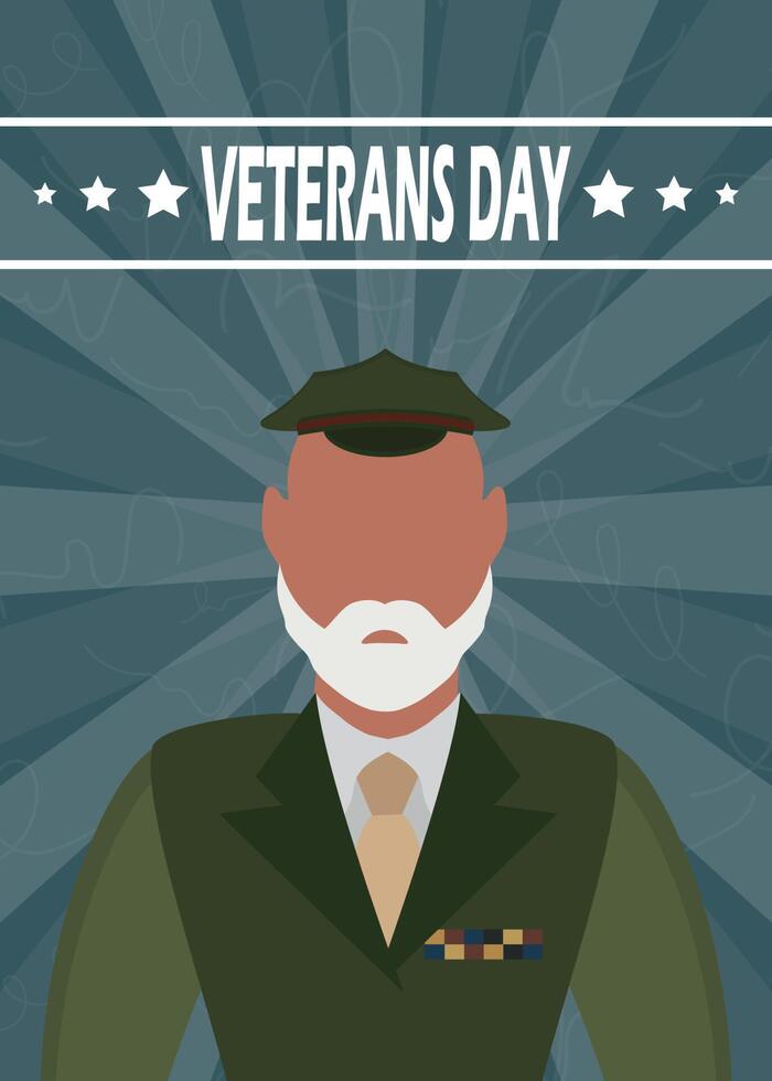 postal del día de los veteranos. un anciano veterano con uniforme militar. estilo de dibujos animados vector