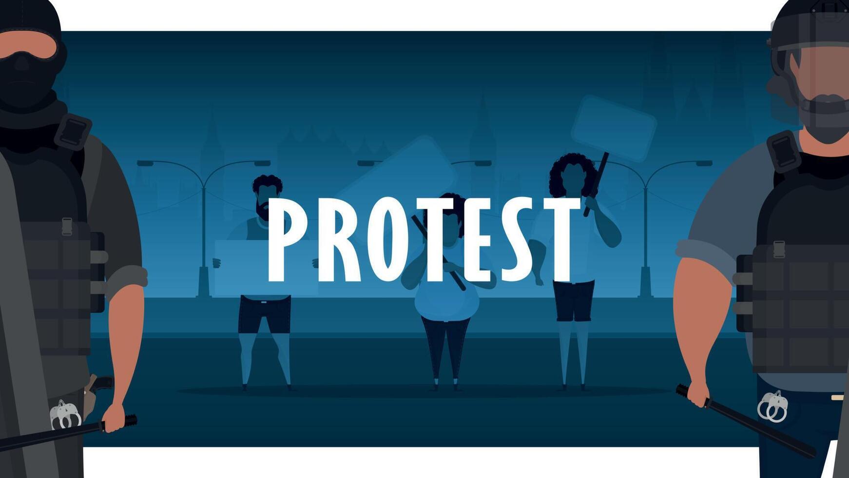 Police against the protest. A group of men with a banner in their hands against the backdrop of the city. Cartoon style. vector