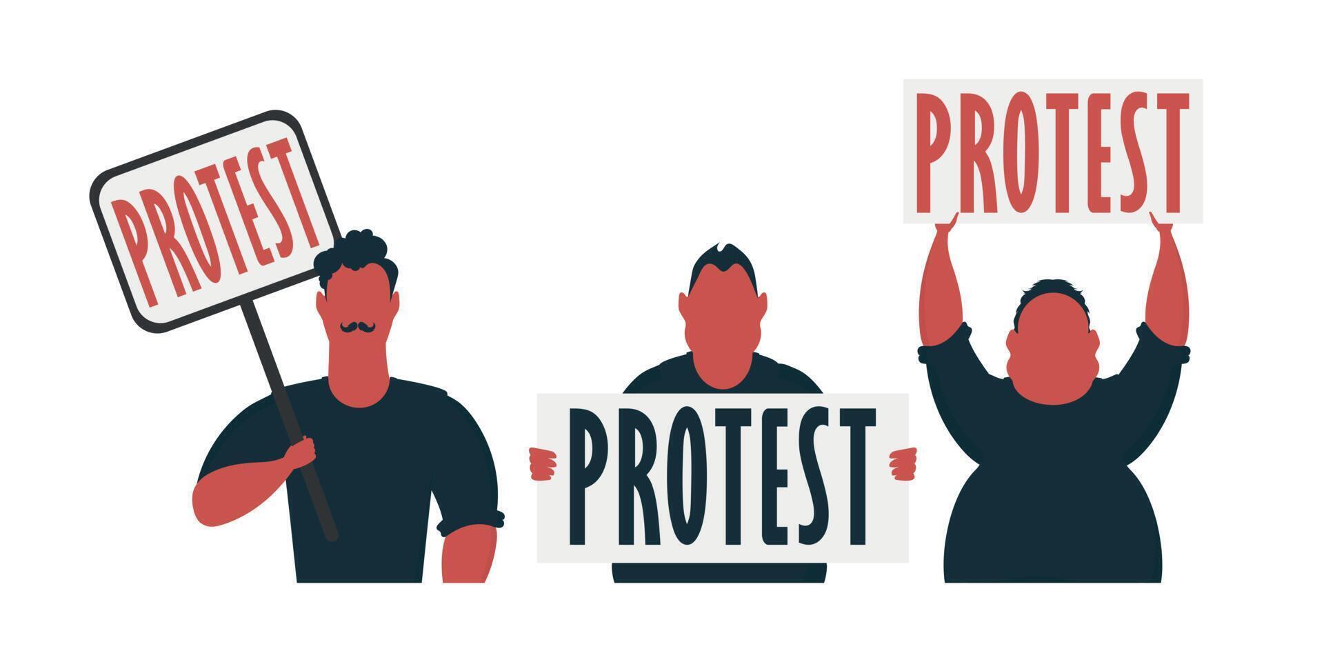 Group of Men with protest banner isolated on white background. Cartoon style. Vector illustration.