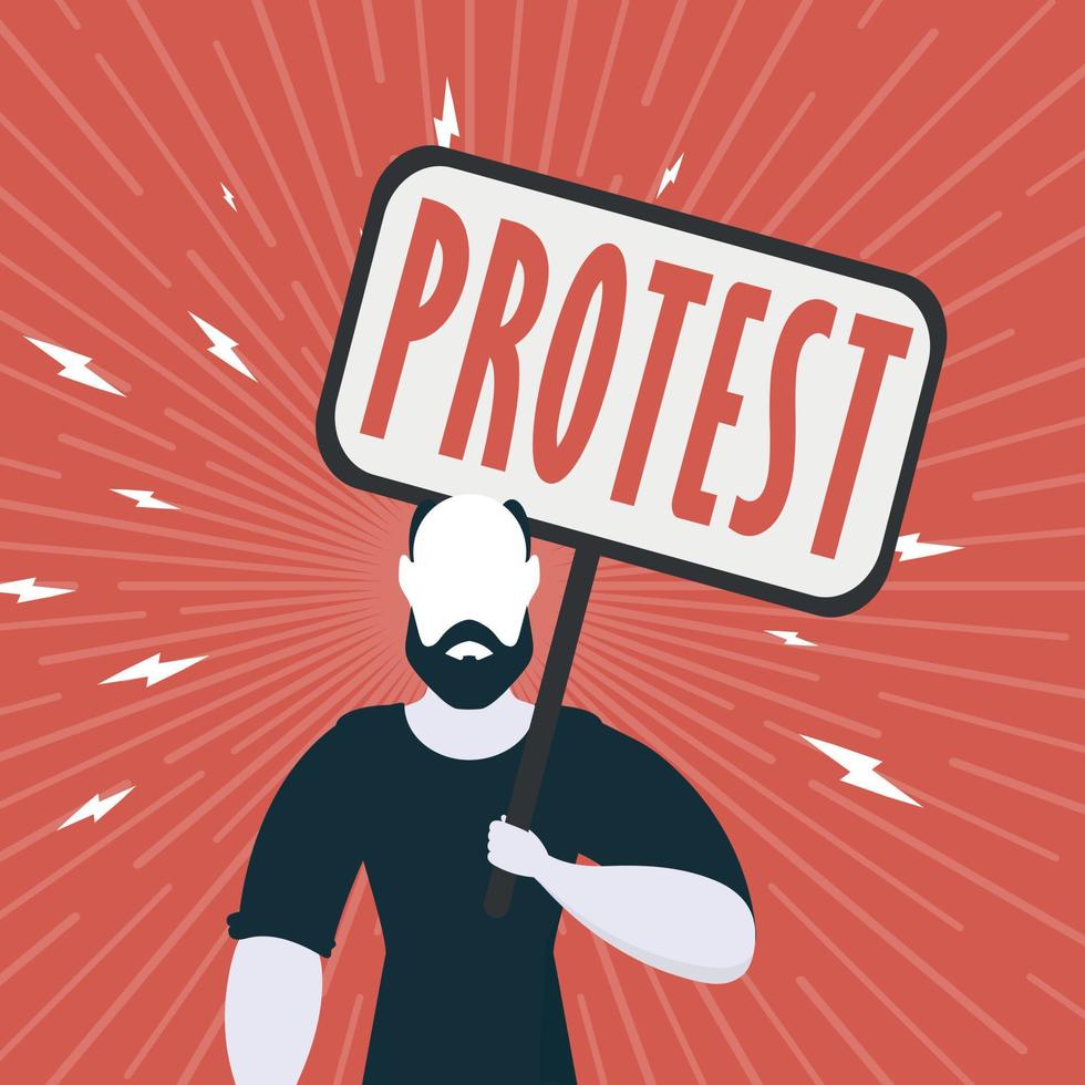 Protest concept. A man with an empty banner in his hands. Red square poster. Rally or protest concept. Cartoon style. vector