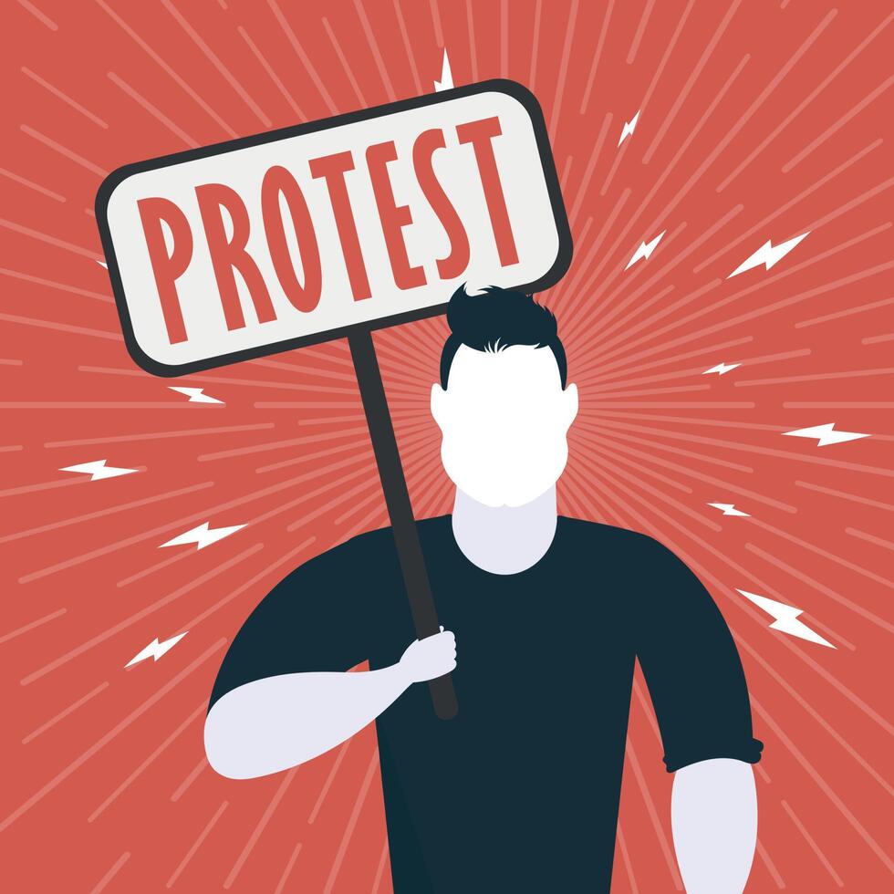 Protest concept. A man with an empty banner in his hands. Red banner. Rally or protest concept. Cartoon style. vector