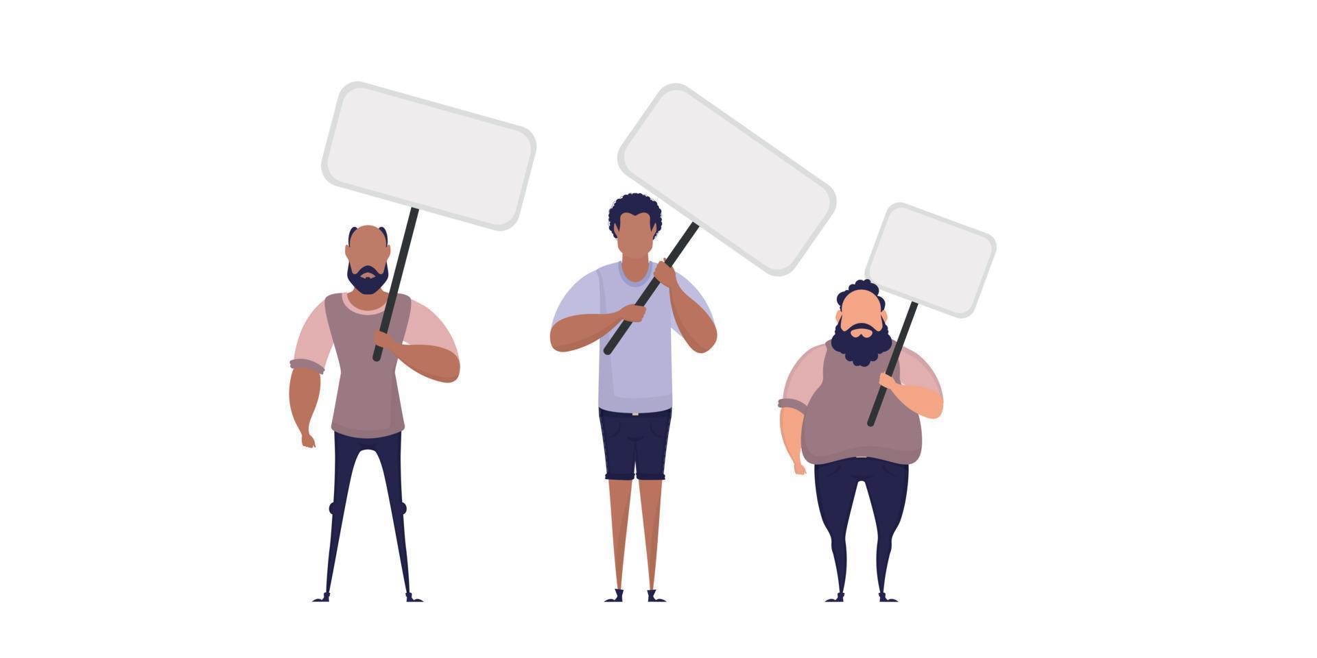 Group of Men with a blank banner. Flat style. Vector illustration.