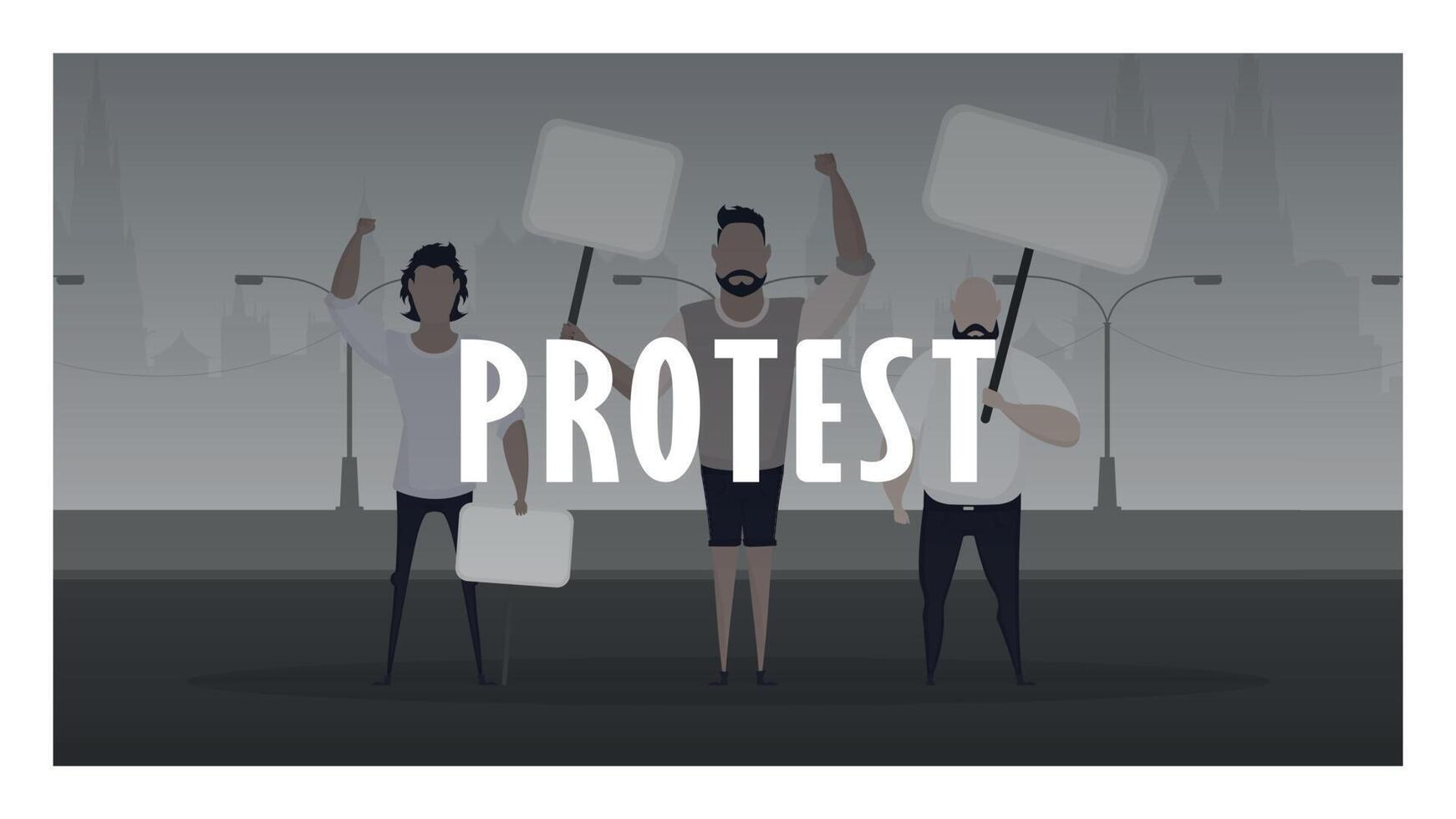 Protest banner. A crowd of guys with banners in their hands came out to protest. Prosky style. Vector illustration.