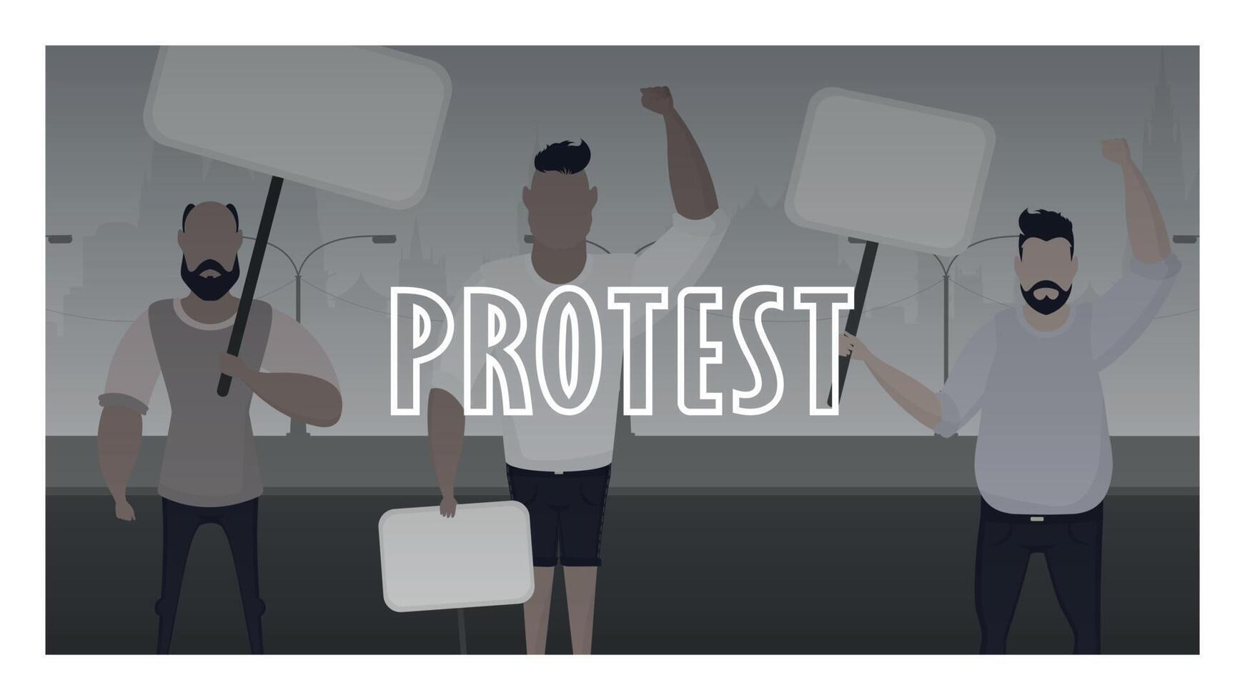 Protest banner. A crowd of guys with banners in their hands came out to protest. Prosky style. vector