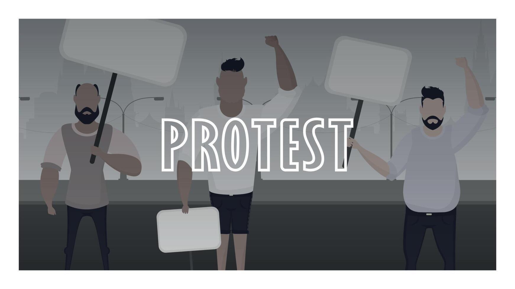 pancarta de protesta. una multitud de muchachos con pancartas en las manos salió a protestar. estilo prosky. vector