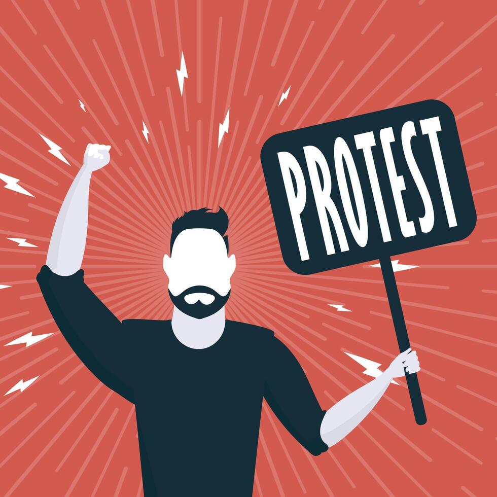 Protest concept. A man holds an empty banner in his hands. Red banner. Rally or protest concept. Vector illustration.