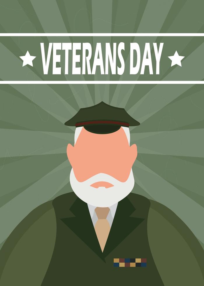 pancarta del día de los veteranos. un viejo militar en uniforme. estilo de dibujos animados vector