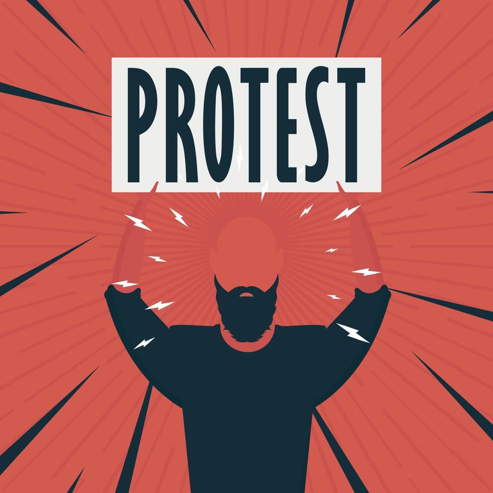 Man with banner and text protest Pop art Flat style. vector