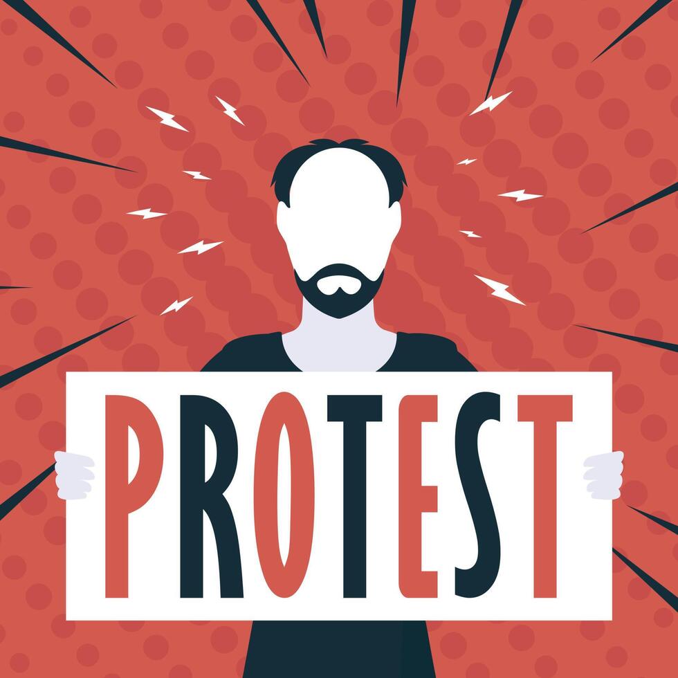 Boy with banner and text Protest Pop art Cartoon style. illustration. vector