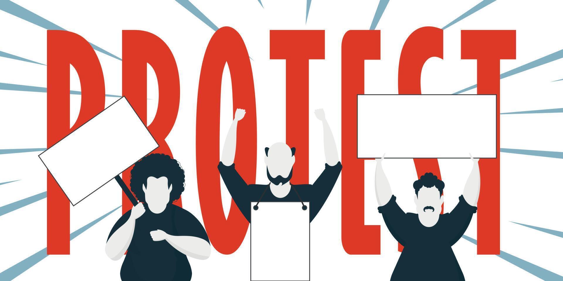 Protest banner. Men protest with banners in their hands. Strike concept. Vector illustration.