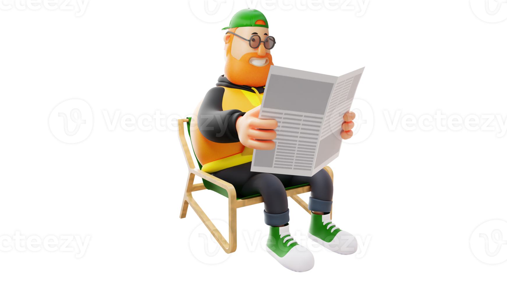 3D illustration. Rich Fat Man 3D cartoon character. Handsome man sitting relaxed. Smart fat man is reading newspaper. Stylish man who loves to read. 3d cartoon character png