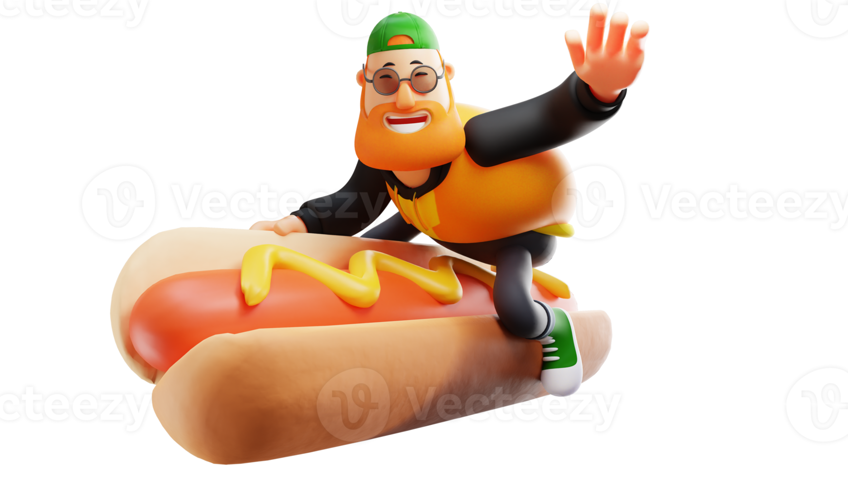 3d illustrazione. contento Grasso uomo 3d cartone animato carattere. elegante uomo giocando con passione. Grasso uomo nel volante posa su un' enorme hot dog. 3d cartone animato personaggio png