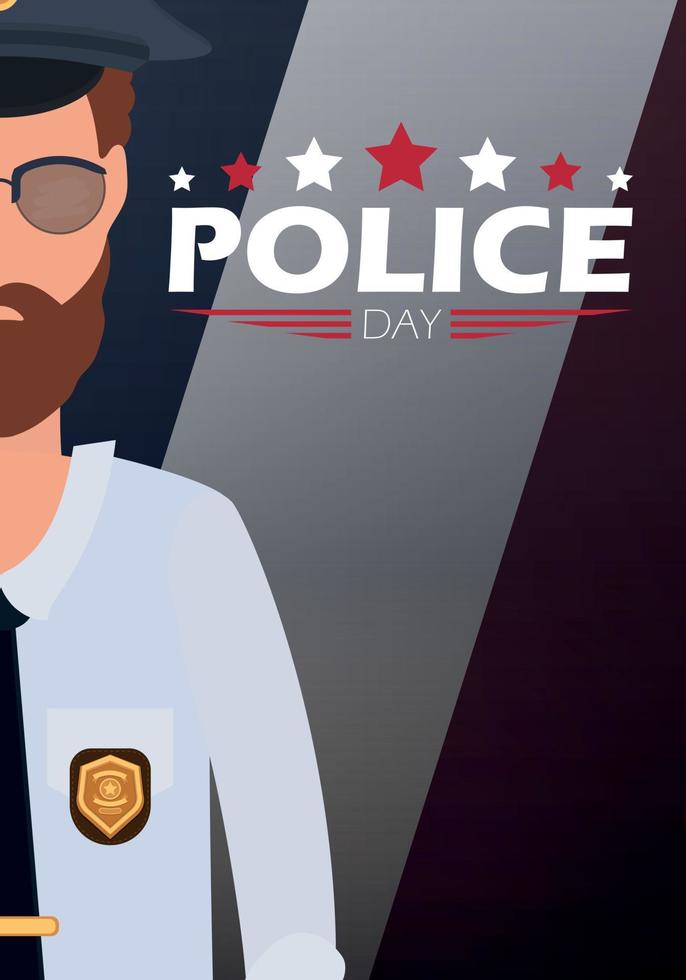 Police day banner. Policeman on the background of the flag. Cartoon style. vector
