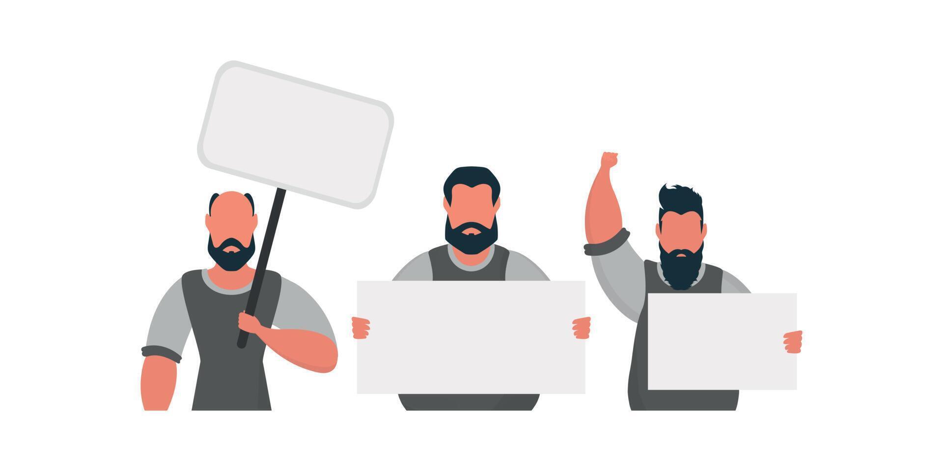 A group of men are holding an empty banner in their hands. With space for your text. Rally or protest concept. Cartoon style. vector