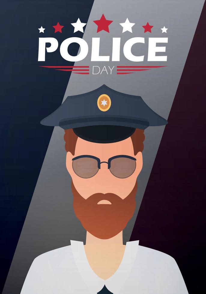 Police Day. Policeman on the background of the flag. Cartoon style. vector