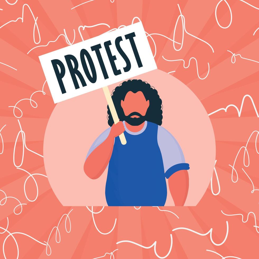 Guy with a poster in his hands. Protest poster. Cartoon style. vector