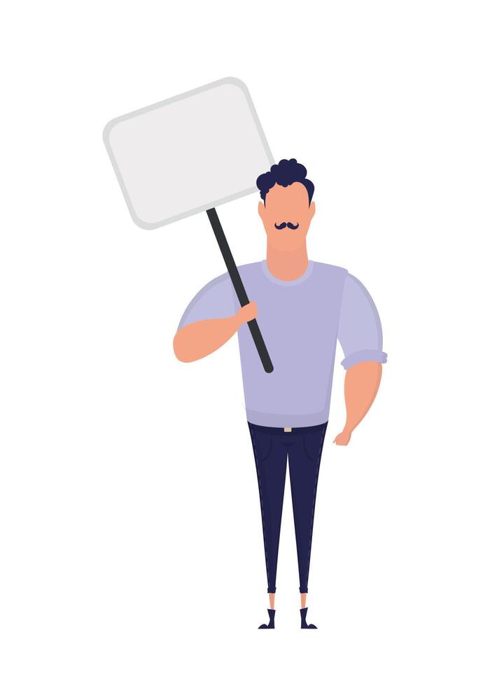 hombre con banner en blanco aislado sobre fondo blanco. estilo de dibujos animados de arte pop. ilustración vectorial vector