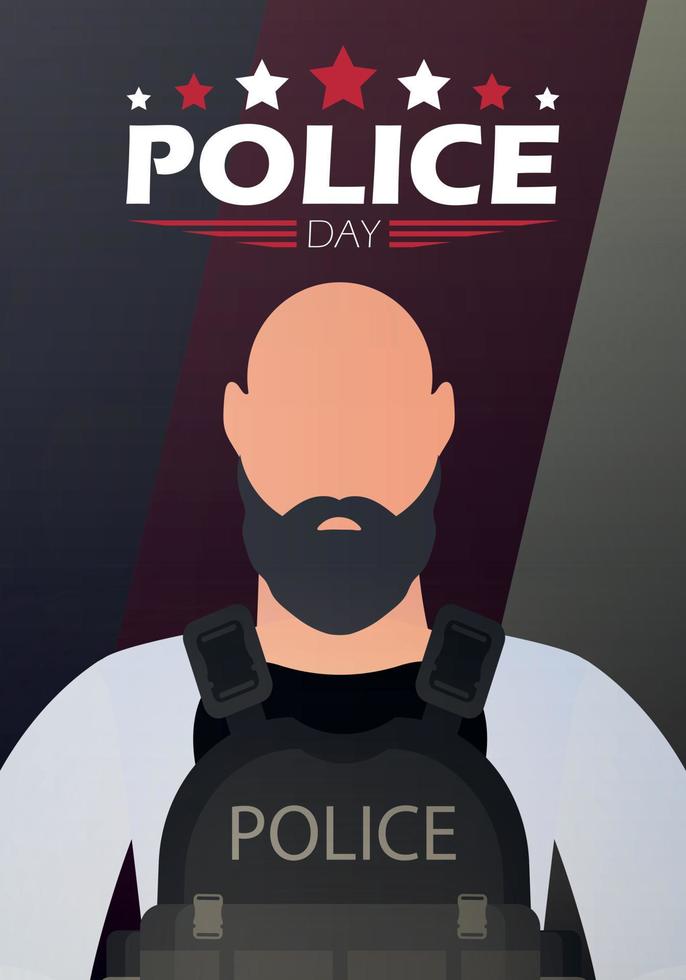 Police day banner. Policeman on the background of the flag. Cartoon style. vector