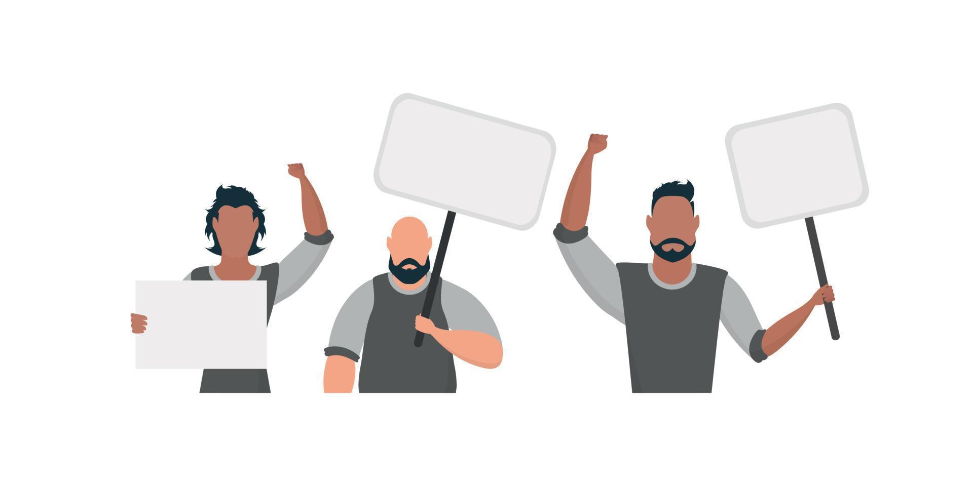 A guy with an empty banner in his hands. With space for your text. Rally or protest concept. Cartoon style. vector